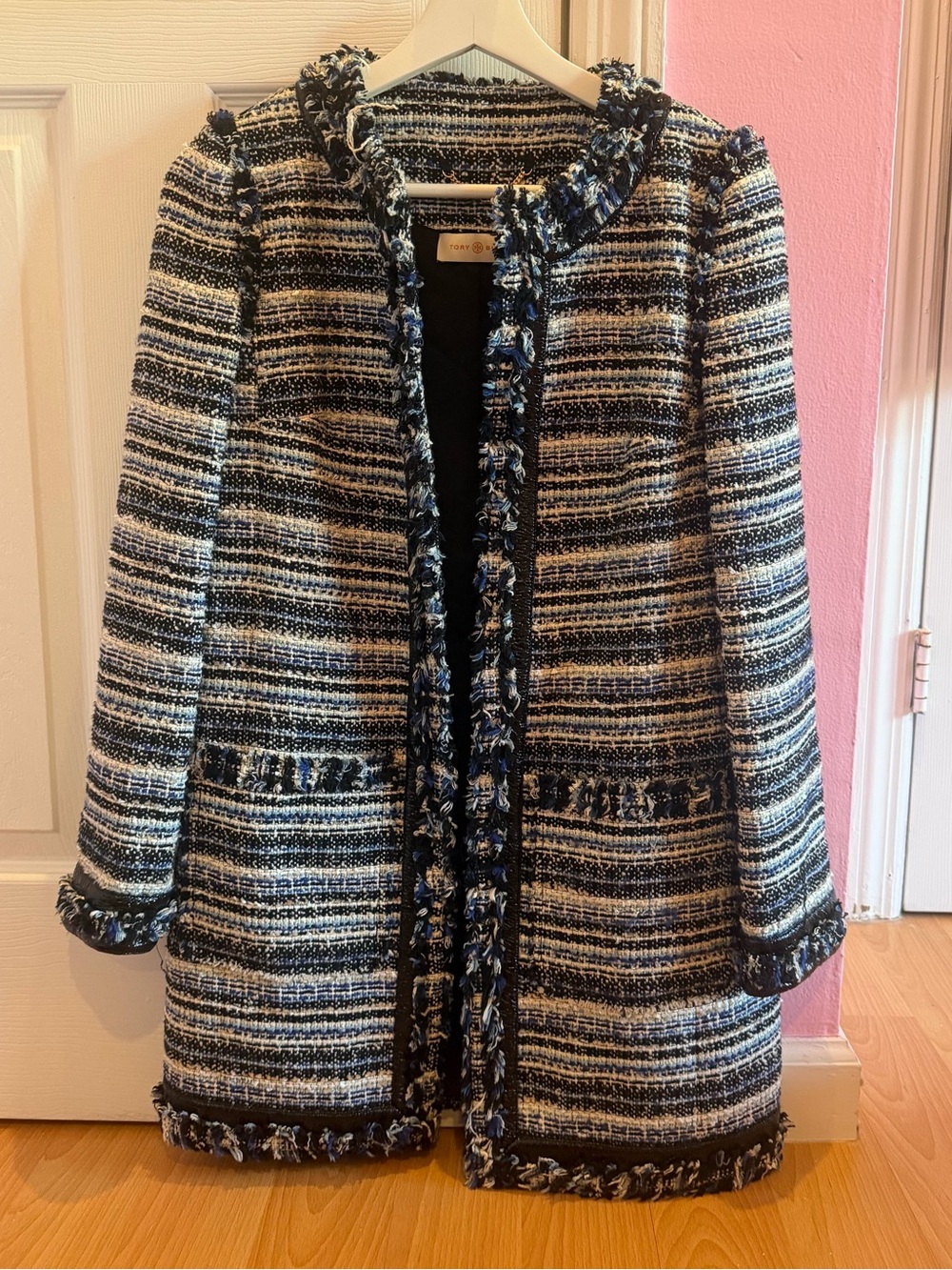 Tory Burch Tweed Fringed Open-Front Coat - Blue/White